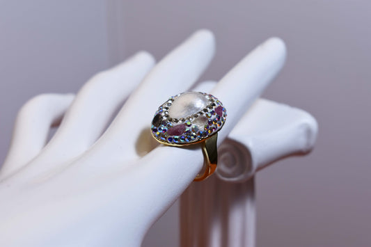 Luxurious shiny natural pearl ring with three-dimensional dense inlay of colored zircon tourmaline, adjustable ring at the opening