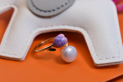 Pearl ring with pink purple enamel craftsmanship, flower bud shaped opening adjustable ring