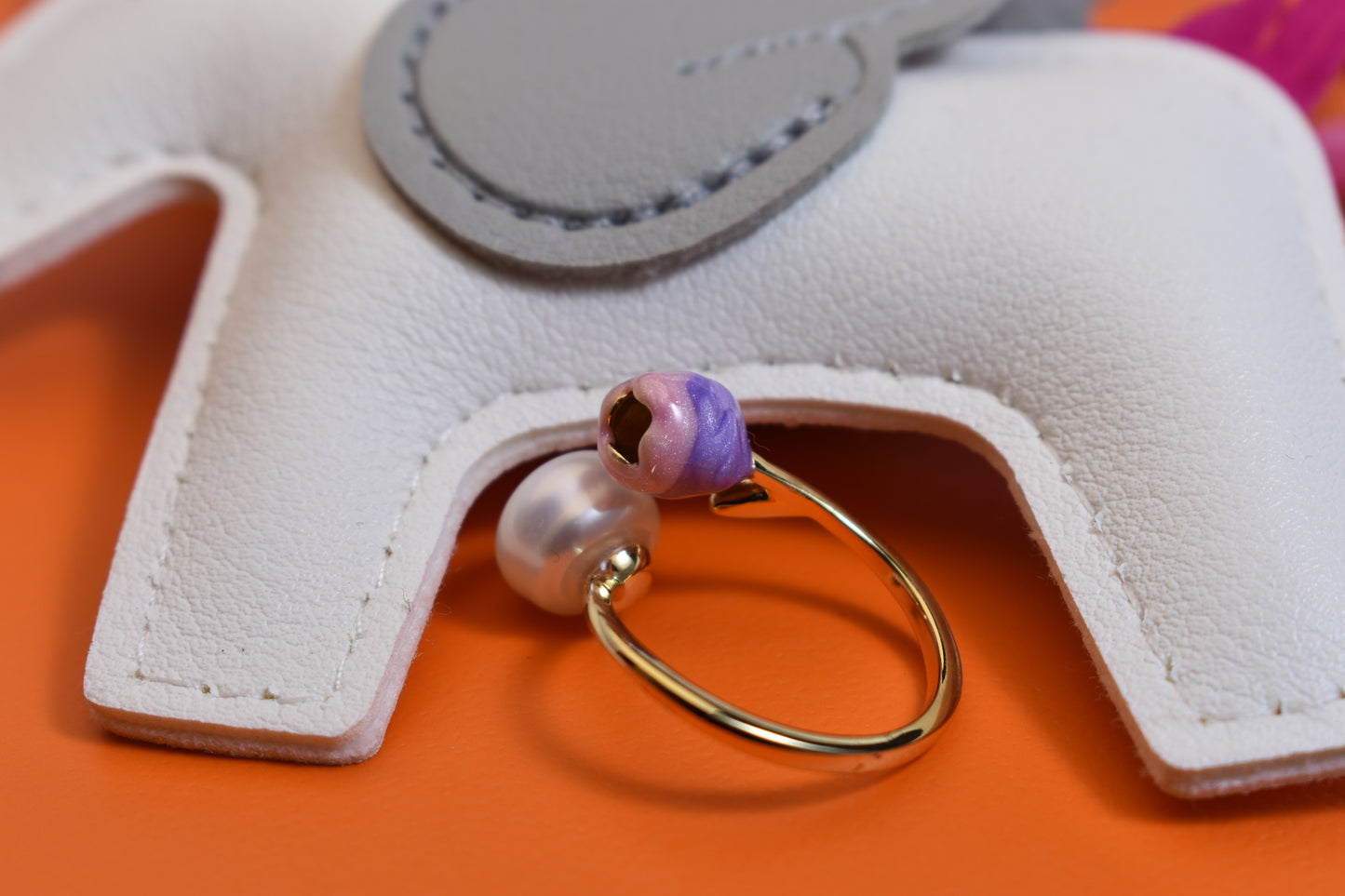 Pearl ring with pink purple enamel craftsmanship, flower bud shaped opening adjustable ring