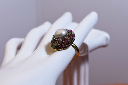 Luxurious shiny natural pearl ring with three-dimensional dense inlaid colorful beads, adjustable ring at the opening