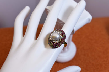 Luxurious shiny natural pearl ring with three-dimensional dense inlaid colorful beads, adjustable ring at the opening