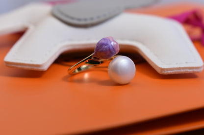 Pearl ring with pink purple enamel craftsmanship, flower bud shaped opening adjustable ring
