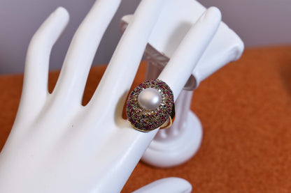 Luxurious shiny natural pearl ring with three-dimensional dense inlaid colorful beads, adjustable ring at the opening
