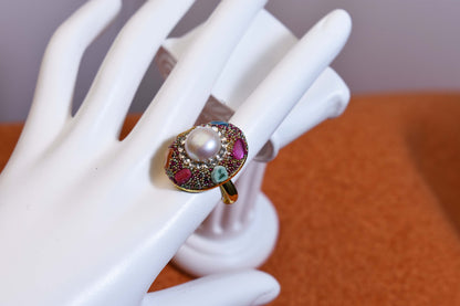 Luxurious shiny natural pearl ring with three-dimensional dense inlaid colorful beads, adjustable ring at the opening