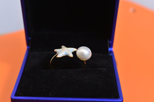 Pearl ring with blue enamel craftsmanship and starfish shaped opening adjustable ring