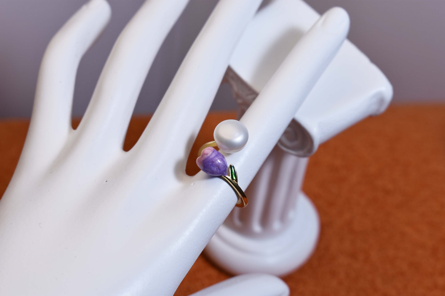 Pearl ring with pink purple enamel craftsmanship, flower bud shaped opening adjustable ring