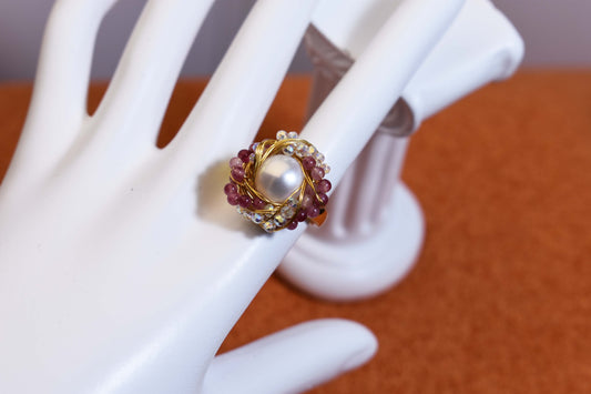Natural pearl ring with winding tourmaline crystal and adjustable opening