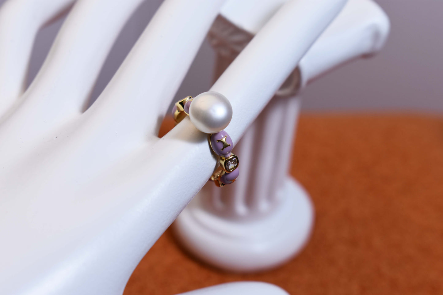 Pearl ring, colored enamel inlaid with zircon, adjustable opening ring