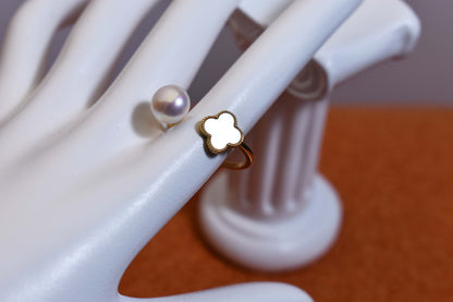 Natural pearl ring with lucky four petal flower design, white shell inlay, adjustable opening ring