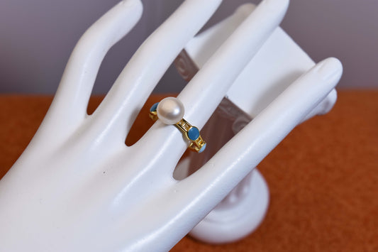 Natural Pearl Ring Blue Light Blue Double tone Enamel Open Adjustable Ring