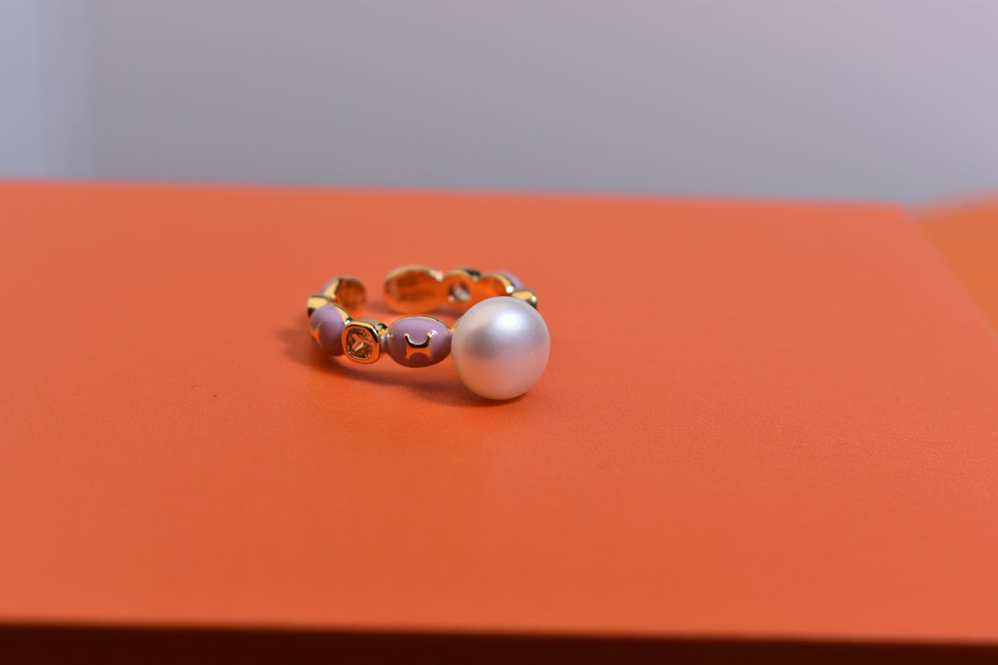 Pearl ring, colored enamel inlaid with zircon, adjustable opening ring