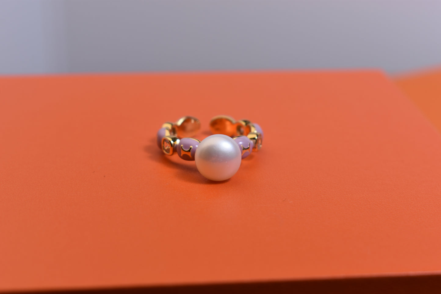 Pearl ring, colored enamel inlaid with zircon, adjustable opening ring