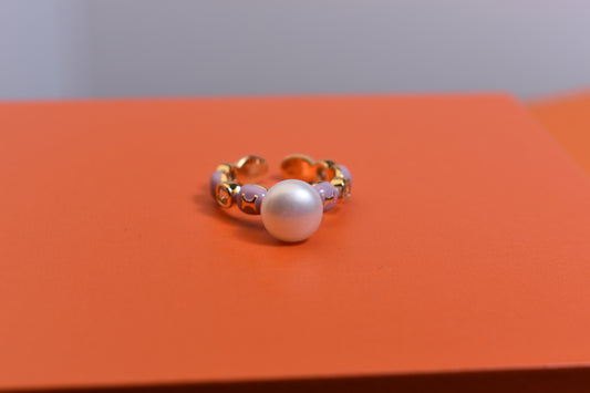 Pearl ring, colored enamel inlaid with zircon, adjustable opening ring