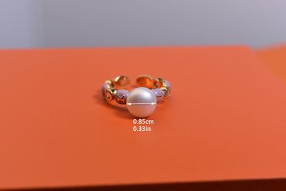Pearl ring, colored enamel inlaid with zircon, adjustable opening ring