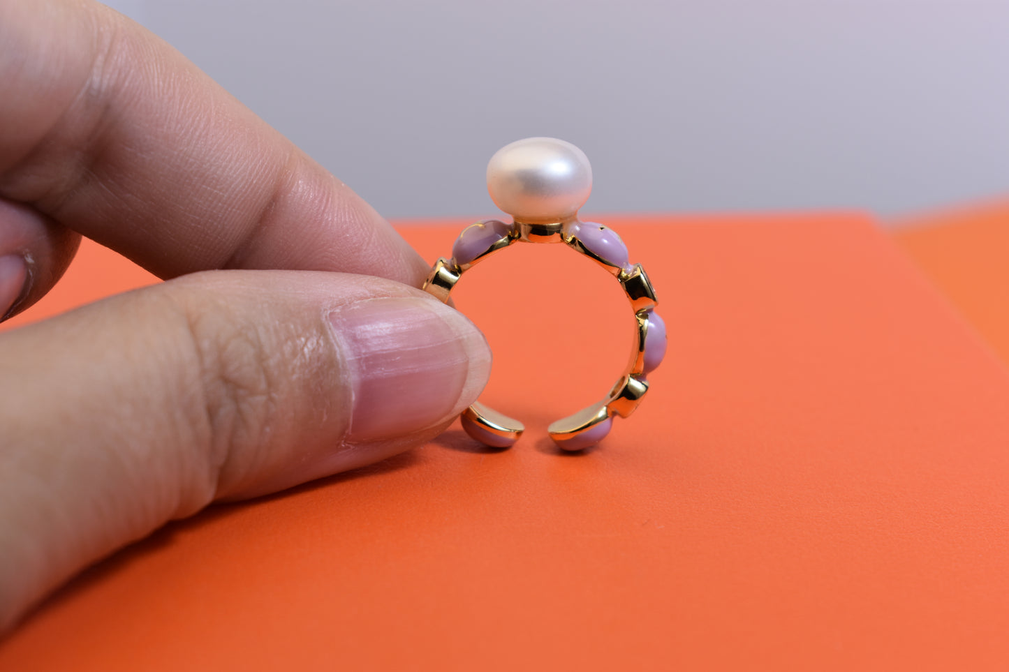 Pearl ring, colored enamel inlaid with zircon, adjustable opening ring