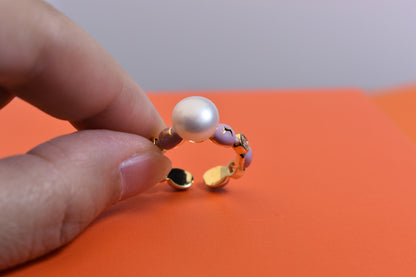 Pearl ring, colored enamel inlaid with zircon, adjustable opening ring