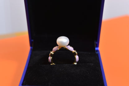 Pearl ring, colored enamel inlaid with zircon, adjustable opening ring