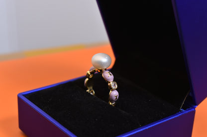 Pearl ring, colored enamel inlaid with zircon, adjustable opening ring