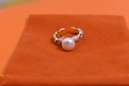 Pearl ring, colored enamel inlaid with zircon, adjustable opening ring