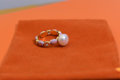 Pearl ring, colored enamel inlaid with zircon, adjustable opening ring