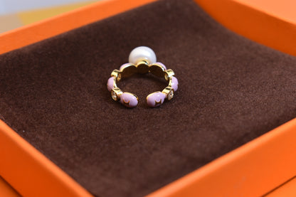 Pearl ring, colored enamel inlaid with zircon, adjustable opening ring