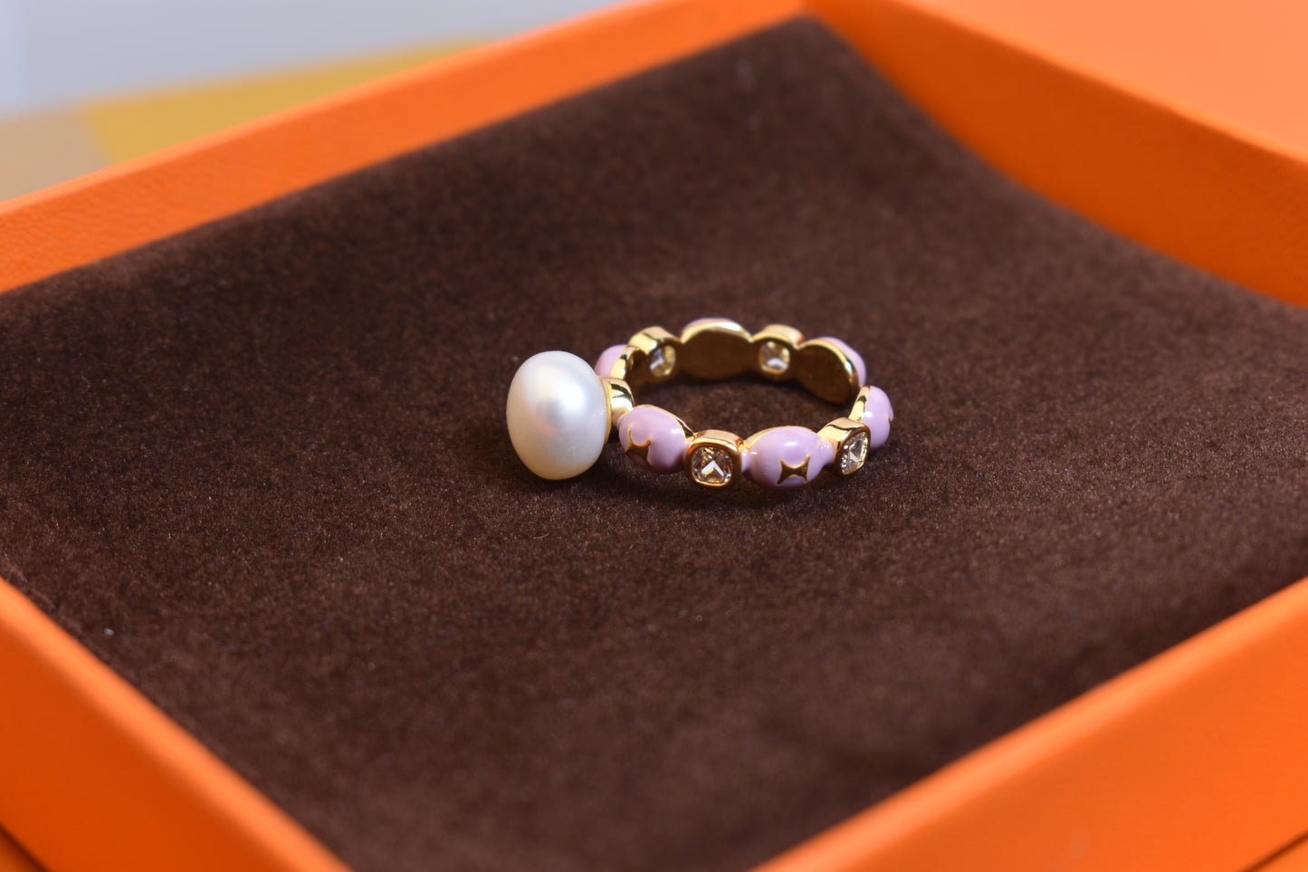 Pearl ring, colored enamel inlaid with zircon, adjustable opening ring