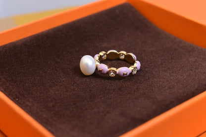 Pearl ring, colored enamel inlaid with zircon, adjustable opening ring