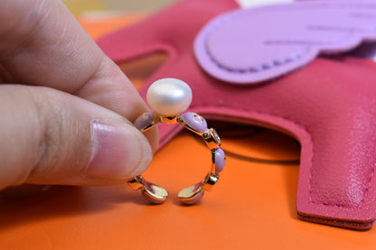 Pearl ring, colored enamel inlaid with zircon, adjustable opening ring