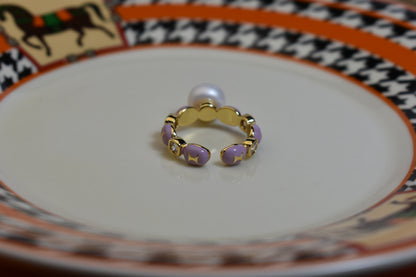 Pearl ring, colored enamel inlaid with zircon, adjustable opening ring
