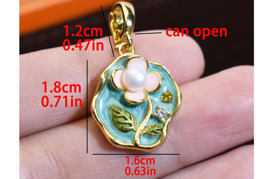 Natural pearl necklace pendant, painted Monet Garden oil painting style enamel floral pendant