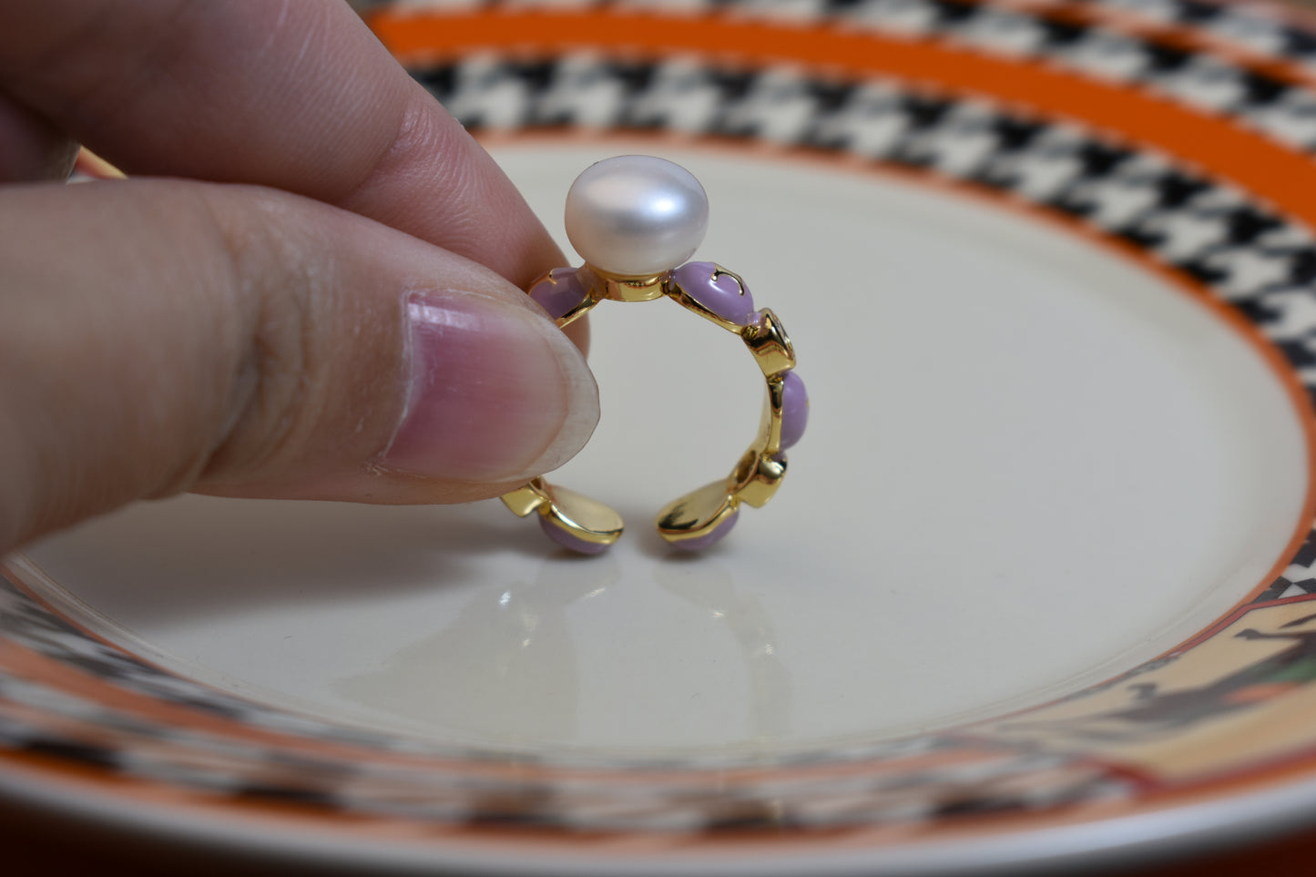 Pearl ring, colored enamel inlaid with zircon, adjustable opening ring