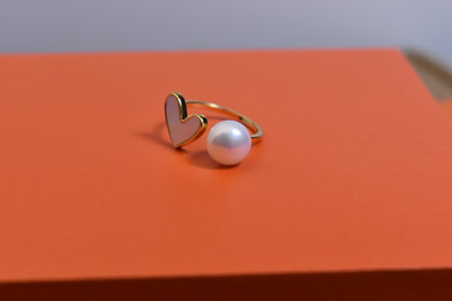 Pearl ring with peach heart and heart-shaped design, inlaid with white shell, adjustable opening
