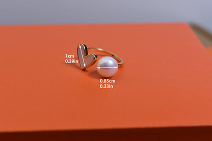 Pearl ring with peach heart and heart-shaped design, inlaid with white shell, adjustable opening
