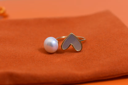 Pearl ring with peach heart and heart-shaped design, inlaid with white shell, adjustable opening