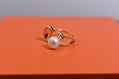 Natural pearl ring with gold size and double petal design with adjustable opening