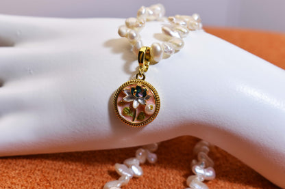 Natural pearl necklace pendant,pink round enamel craftsmanship, three-dimensional tulip flower shaped pendant