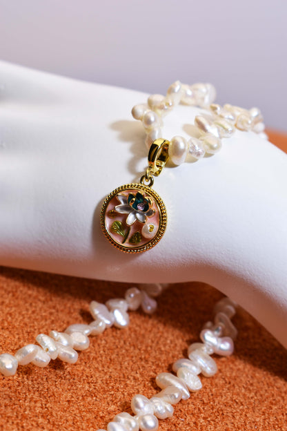 Natural pearl necklace pendant,pink round enamel craftsmanship, three-dimensional tulip flower shaped pendant