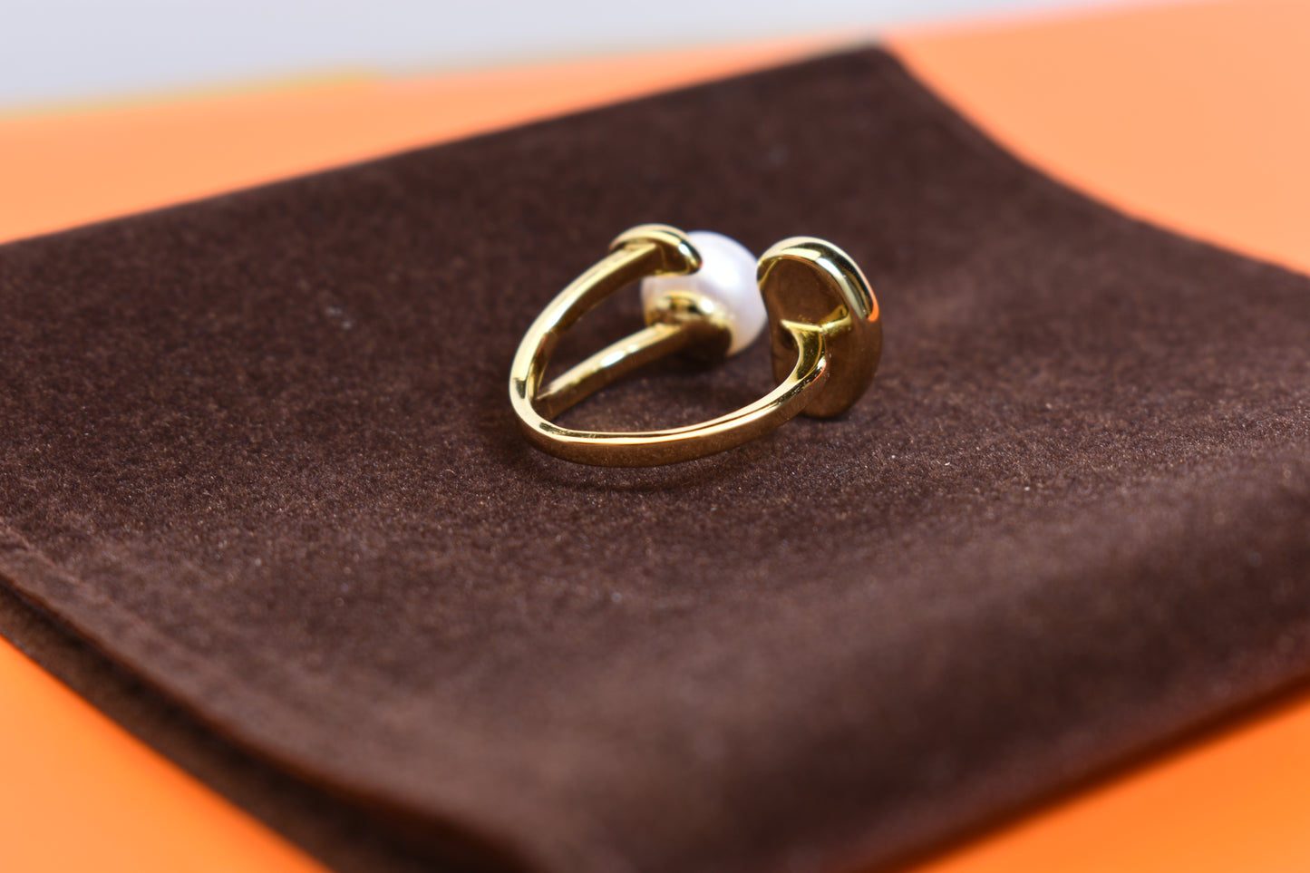 Natural pearl ring with gold size and double petal design with adjustable opening