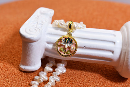 Natural pearl necklace pendant,pink round enamel craftsmanship, three-dimensional tulip flower shaped pendant