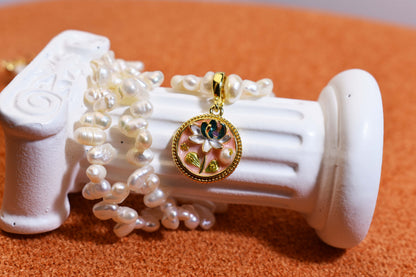 Natural pearl necklace pendant,pink round enamel craftsmanship, three-dimensional tulip flower shaped pendant