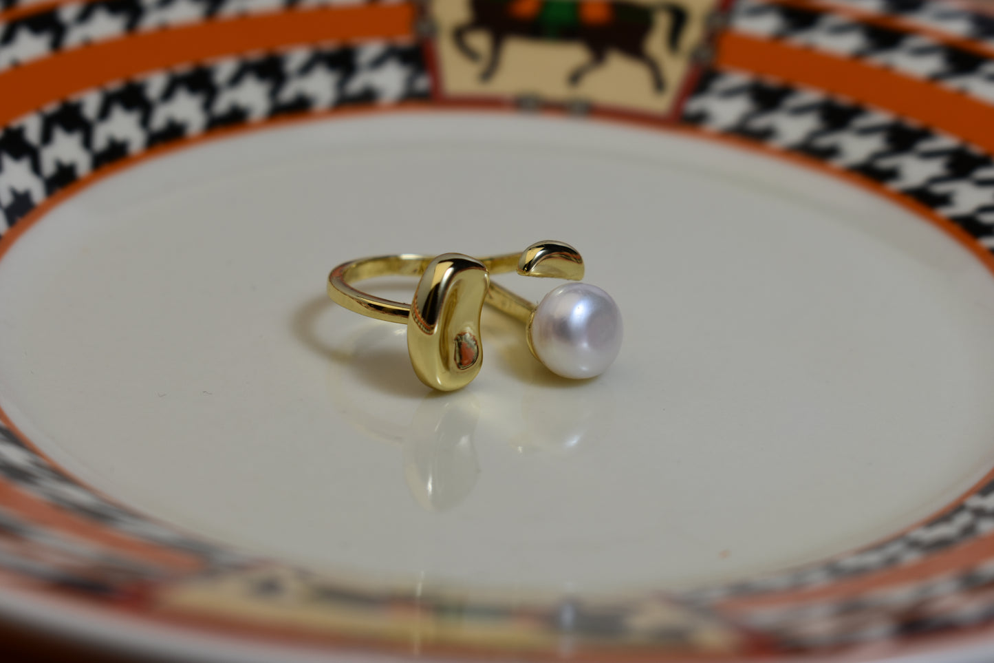 Natural pearl ring with gold size and double petal design with adjustable opening