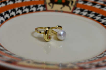 Natural pearl ring with gold size and double petal design with adjustable opening