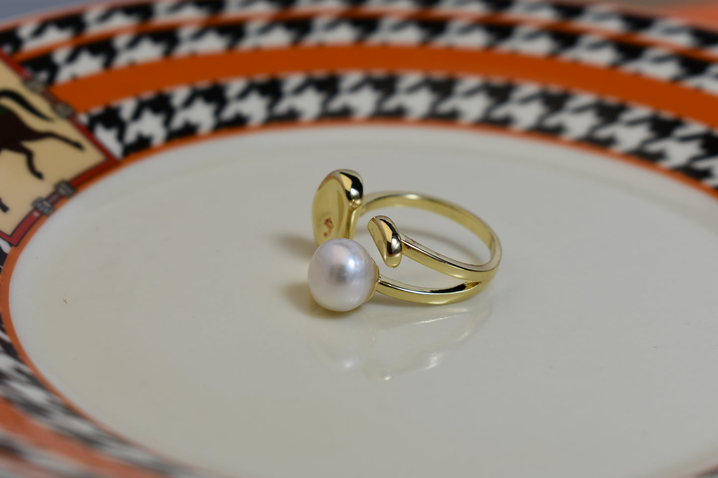 Natural pearl ring with gold size and double petal design with adjustable opening
