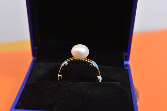 Natural Pearl Ring Blue Light Blue Double tone Enamel Open Adjustable Ring