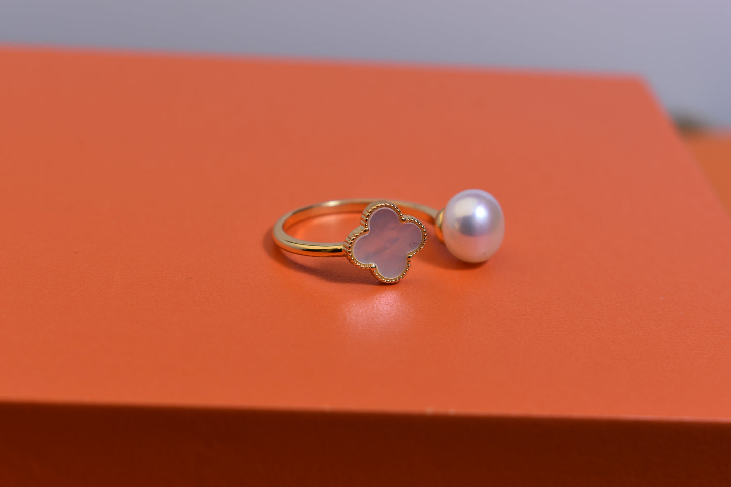 Natural pearl ring with lucky four petal flower design, white shell inlay, adjustable opening ring
