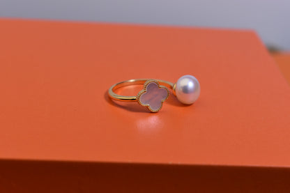 Natural pearl ring with lucky four petal flower design, white shell inlay, adjustable opening ring