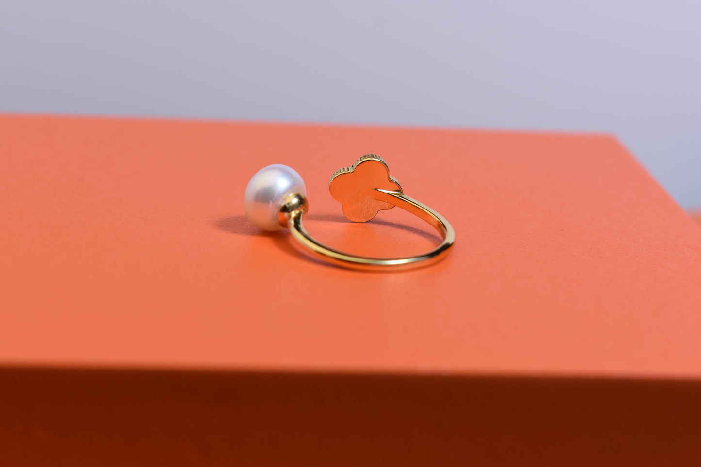 Natural pearl ring with lucky four petal flower design, white shell inlay, adjustable opening ring