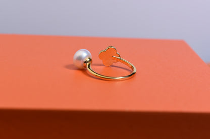 Natural pearl ring with lucky four petal flower design, white shell inlay, adjustable opening ring