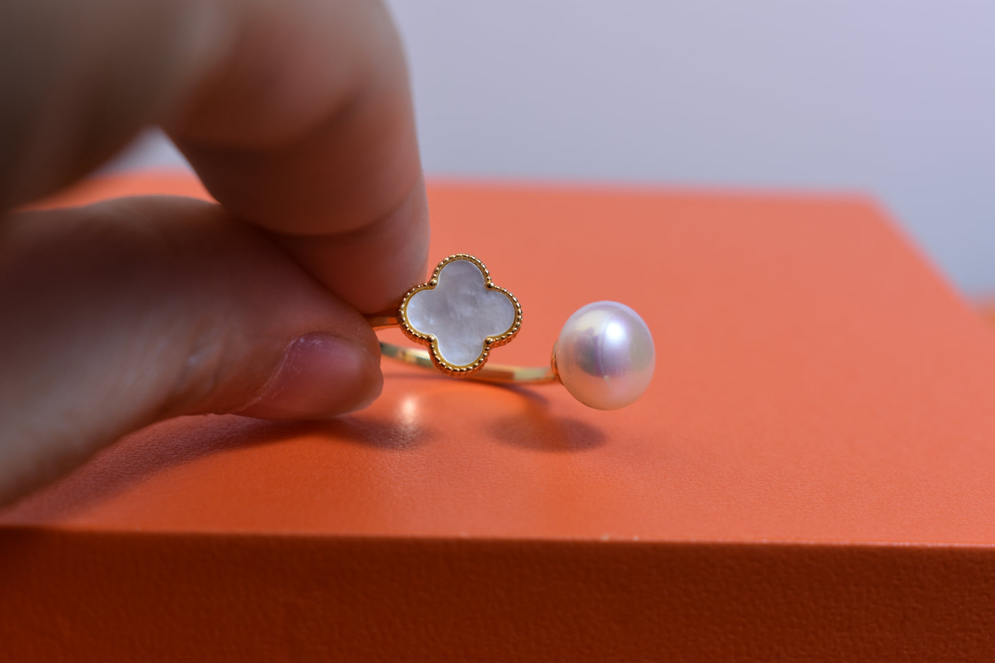 Natural pearl ring with lucky four petal flower design, white shell inlay, adjustable opening ring