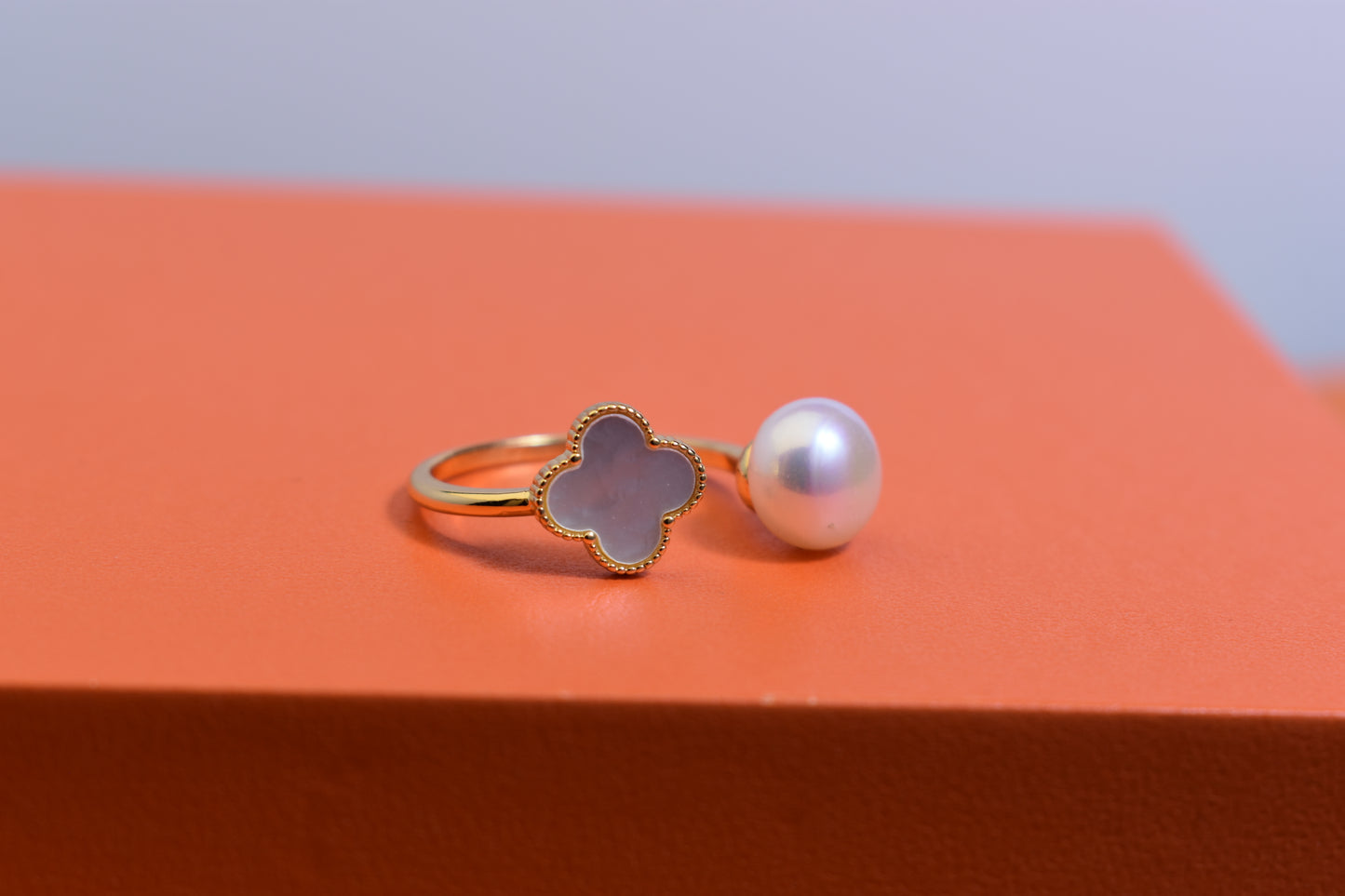 Natural pearl ring with lucky four petal flower design, white shell inlay, adjustable opening ring